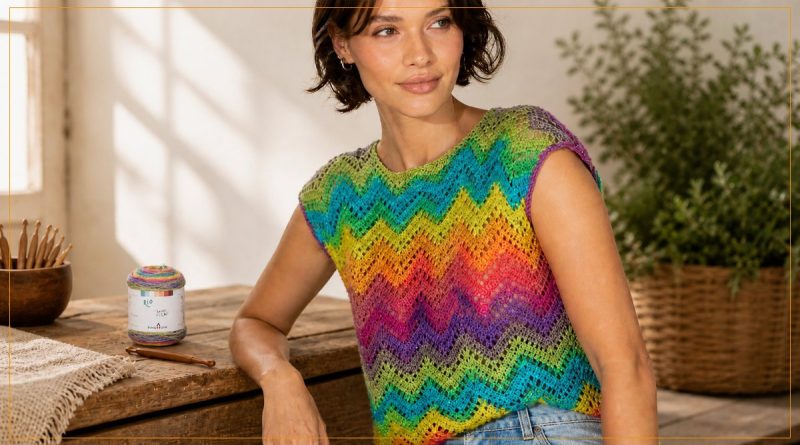 Blusa Rio de crochê em Chevron com Fio Rio Pingouin – listras coloridas degradê