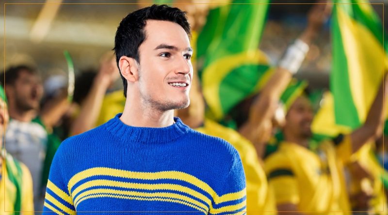 Blusa de tricô do Brasil azul com listras amarelas para Copa do Mundo 2026