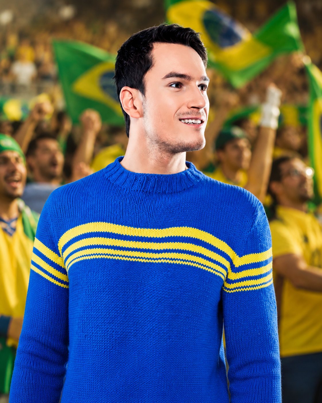 Blusa de tricô do Brasil azul com listras amarelas — Fio Balloon Pingouin