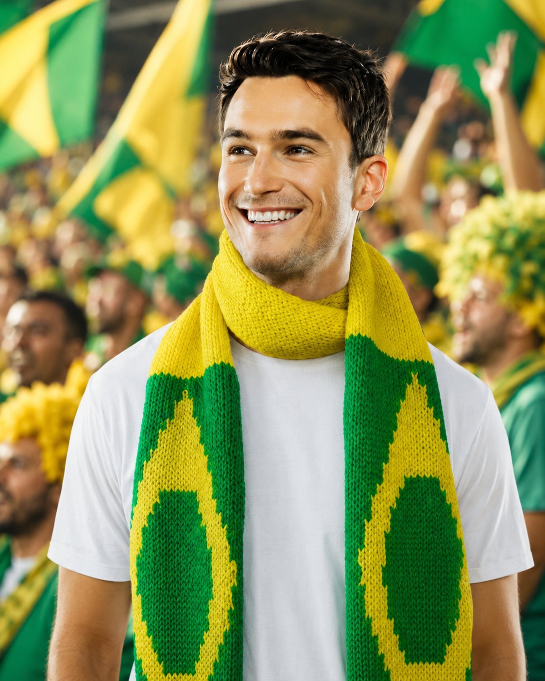 Cachecol de tricô do Brasil com bandeira em intarsia — verde e amarelo