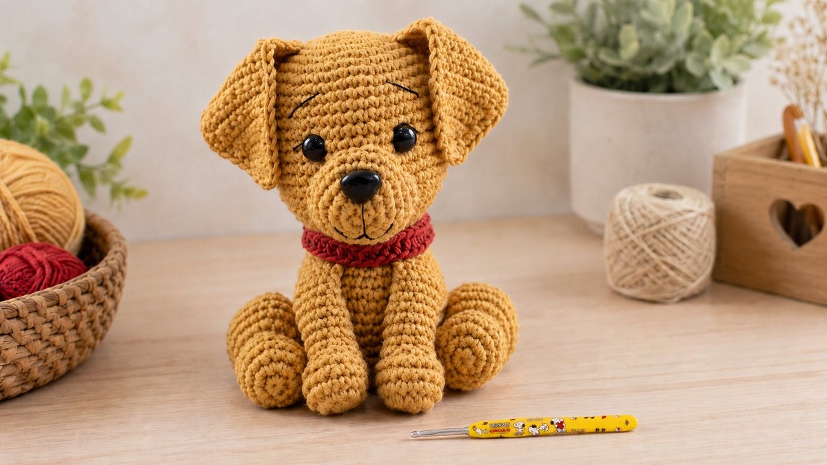 Cachorro Caramelo de Amigurumi em crochê com coleira rosa, feito com Fio Amigurumi Círculo na cor Caramelito