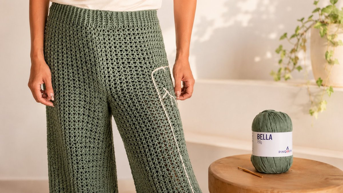 Calça pantalona de crochê bordada com Fio Bella Pingouin
