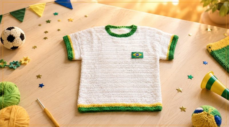 Camiseta Brasil Elegance de crochê branca com gola, punhos e barra em verde e amarelo e bandeirinha do Brasil