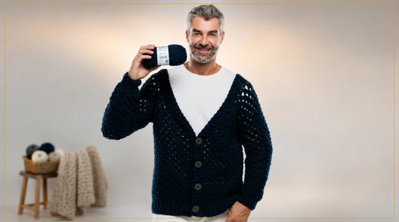Cardigã Masculino de Crochê com Fio Cisne Ateliê - Coleção Corrente Criativa