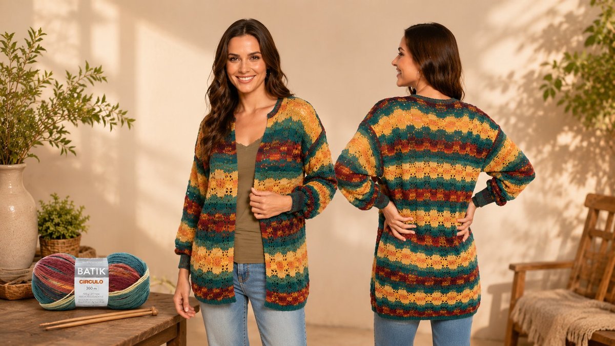 Cardigã Espaço de tricô com Fio Batik Círculo cor Espaço, frente e costas com listras em teal, laranja e bordô