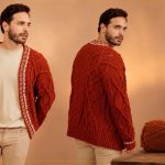 Cardigã Masculino de Tricô com Tranças – Receita com Gráfico Cardigã masculino de tricô com tranças e ponto fantasia na cor terracota, feito com Fio Harmony Círculo