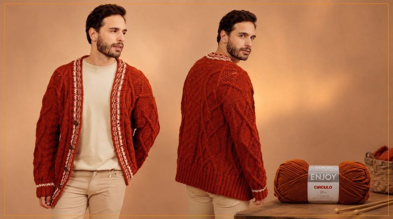 Cardigã masculino de tricô com tranças e ponto fantasia na cor terracota, feito com Fio Harmony Círculo