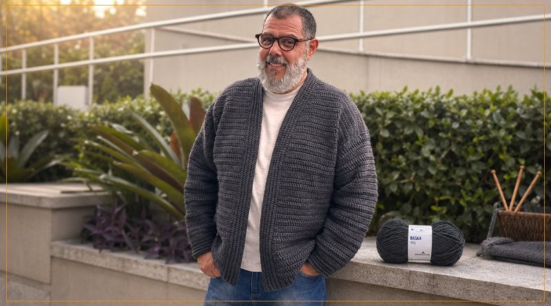 Casaco Baska de Crochê masculino feito com Fio Baska Pingouin na cor Hematita