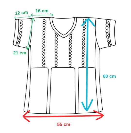 Diagrama de medidas da Camisa Doze – 55cm largura, 60cm comprimento