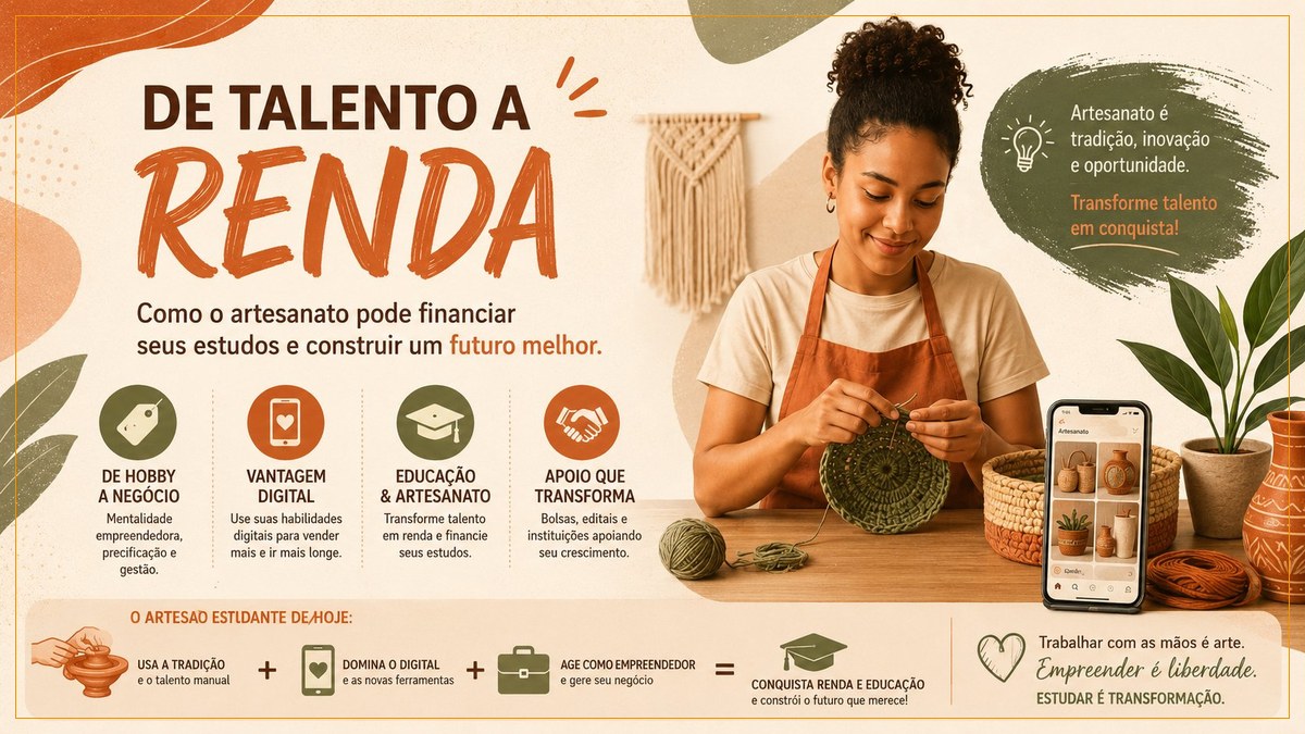Jovem artesã brasileira empreendedora trabalhando em peças artesanais — artesanato como negócio para financiar estudos