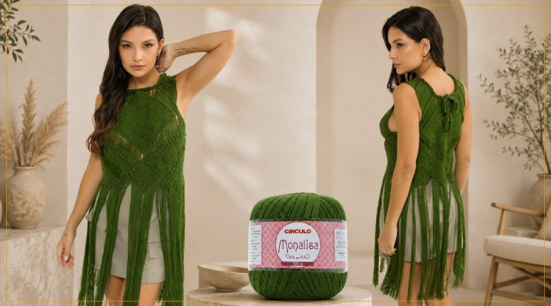 Blusa Medusa de macramê verde com franjas feita com Linha Monalisa Círculo