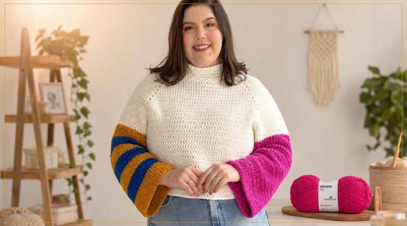 Blusa Naju Topdown de crochê com Fio Bocaina Pingouin, mangas coloridas em rosa, azul e mostarda