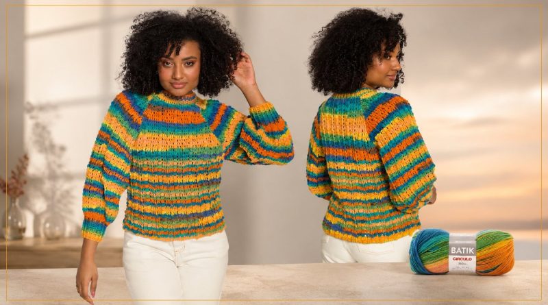 Blusa Penumbra de crochê com Lã Batik Círculo, listras coloridas em tons de laranja, azul e verde
