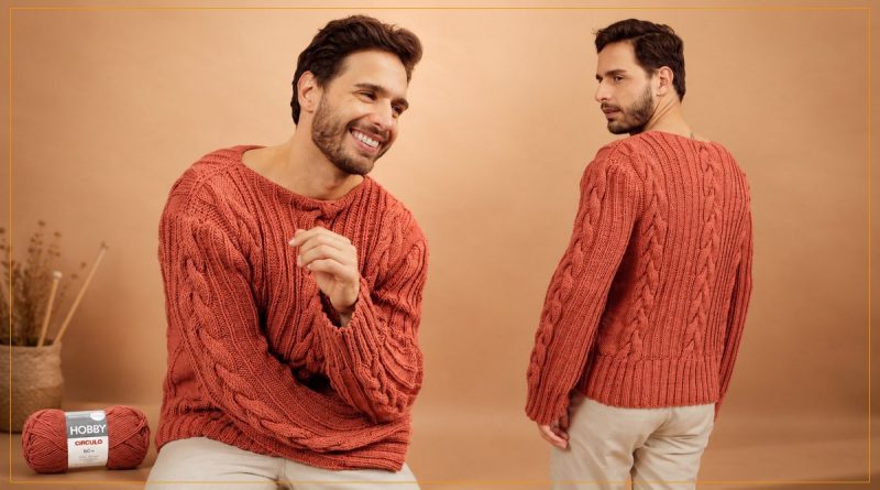 Blusa Pétala Masculina de Tricô com Fio Hobby Círculo – tranças e canelado