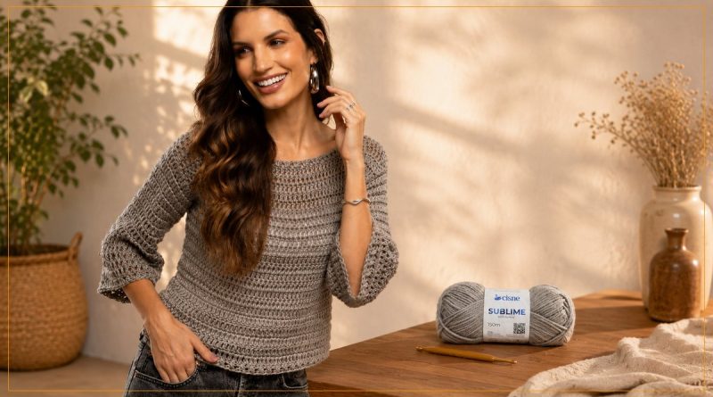 Blusa Sublime cinza de crochê com Fio Cisne Sublime