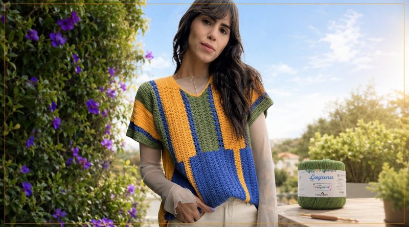 Camisa Doze de Crochê com Fio Laguna Pingouin nas cores do Brasil – verde, amarelo e azul