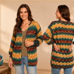 Cardigã Espaço de Tricô com Fio Batik – Receita Cardigã Espaço de tricô com Fio Batik Círculo, listras coloridas em teal, laranja e bordô
