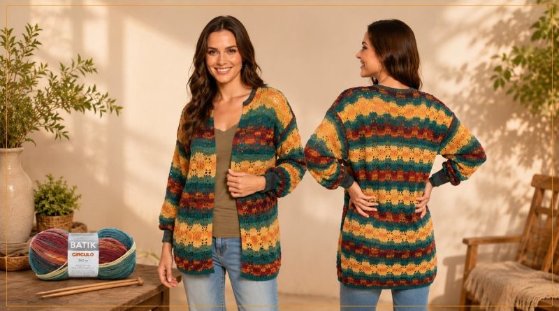 Cardigã Espaço de tricô com Fio Batik Círculo, listras coloridas em teal, laranja e bordô