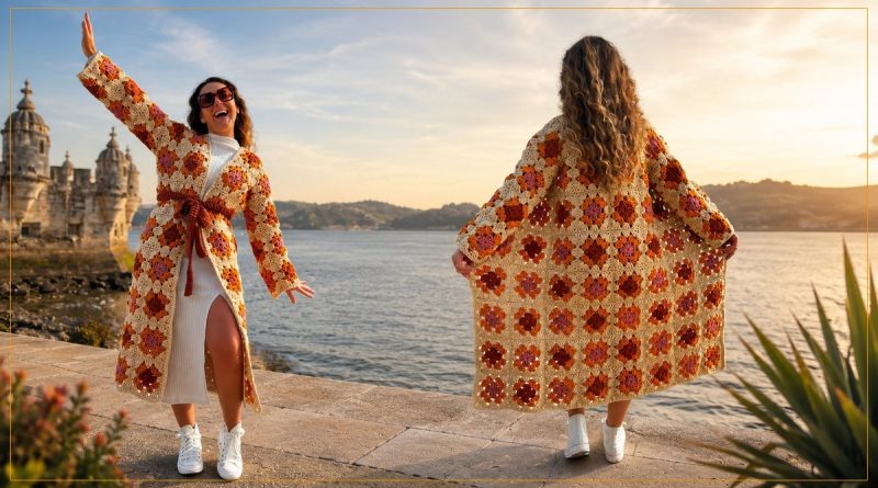 Cardigã Maxi de Crochê com Granny Squares feito com Fio Urbano Círculo em tons terrosos