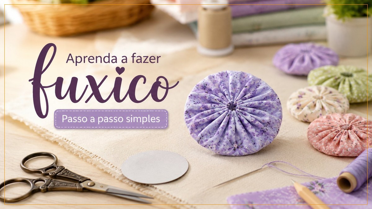 Fuxicos coloridos em tecidos estampados com tesoura, linha e molde sobre mesa de costura