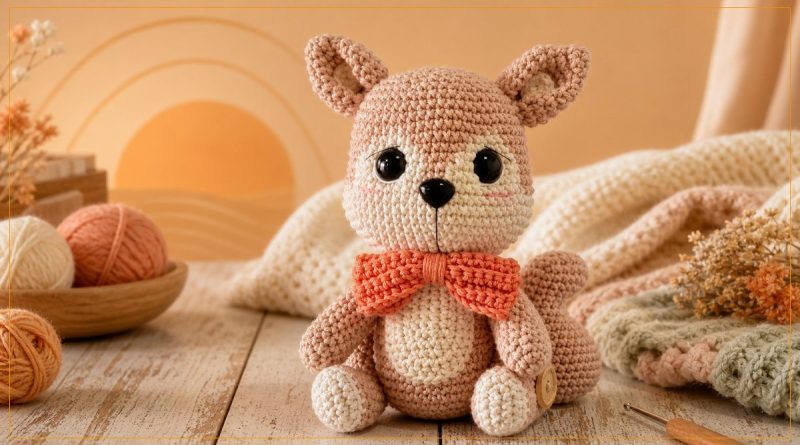 Esquilo Enrico amigurumi com gravata borboleta laranja feito com Linha Bella Amigurumi