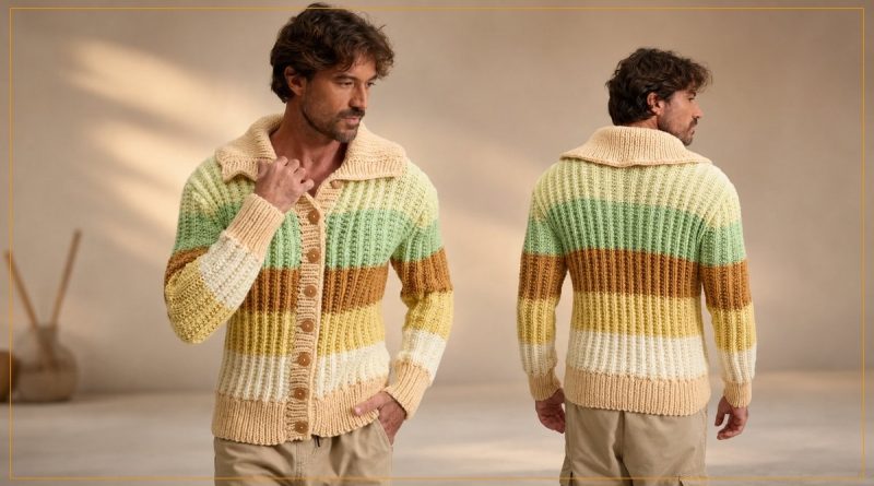 Jaqueta Madagascar de Tricô com Fio Magic Pull Círculo - modelo masculino frente e costas
