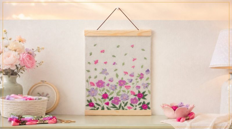 Jardim Mediterrâneo — bordado de ponto cruz com flores em rosa e lilás sobre linho, montado em flâmula de madeira