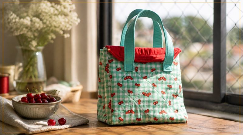 Lancheira de Cerejas em patchwork com tecido xadrez verde e estampa de cerejas, alças tiffany e forro vermelho – Receita de Patchwork