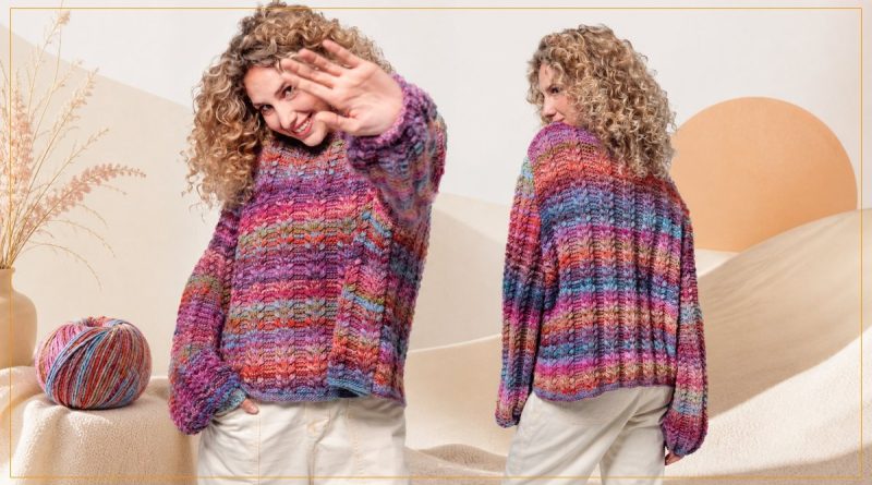 Suéter Violette de tricô com ponto folha feito com Fio DMC Pirouette em tons de rosa, lilás e azul — frente e costas