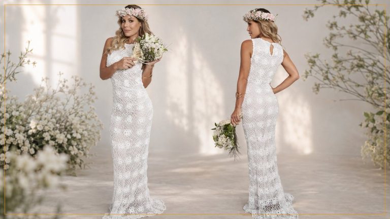 Vestido de Noiva Longo de Crochê com Linha Cléa – Receita com Gráfico