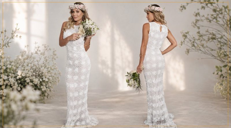 Vestido de Noiva Longo de Crochê com Linha Cléa - frente e costas com motivos florais