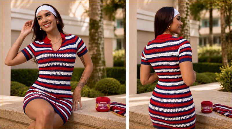 Vestido Polo de Crochê com Fio Verano Círculo - frente e costas em listras vermelho branco e azul