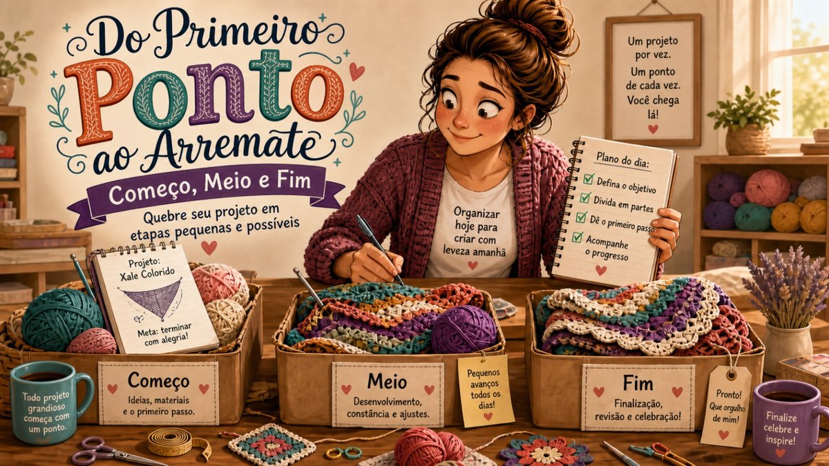 Ilustração de artesã organizando projetos de artesanato em caixas etiquetadas Começo Meio e Fim