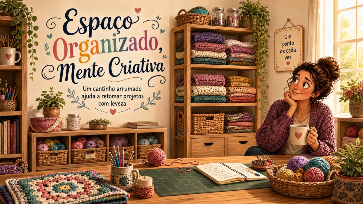 Ilustração de artesã em um espaço de artesanato organizado com cestas fios e projetos arrumados