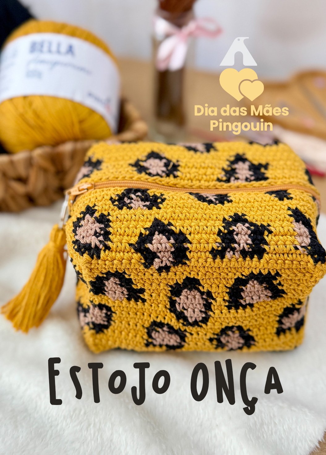 Estojo Onça em crochê com estampa animal print feito com Bella Amigurumi Pingouin