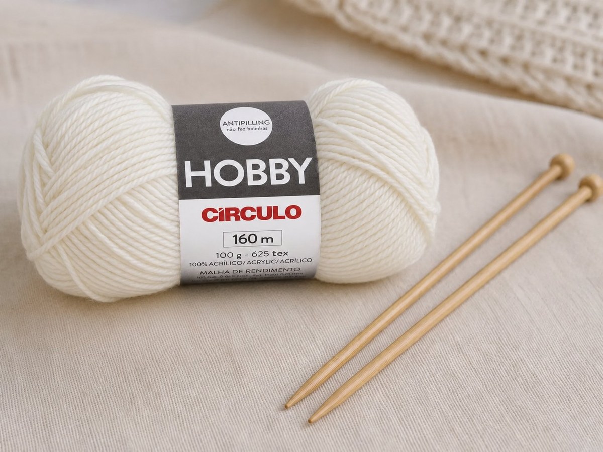 Novelo de Fio Hobby Círculo cor clara com agulhas de tricô de madeira