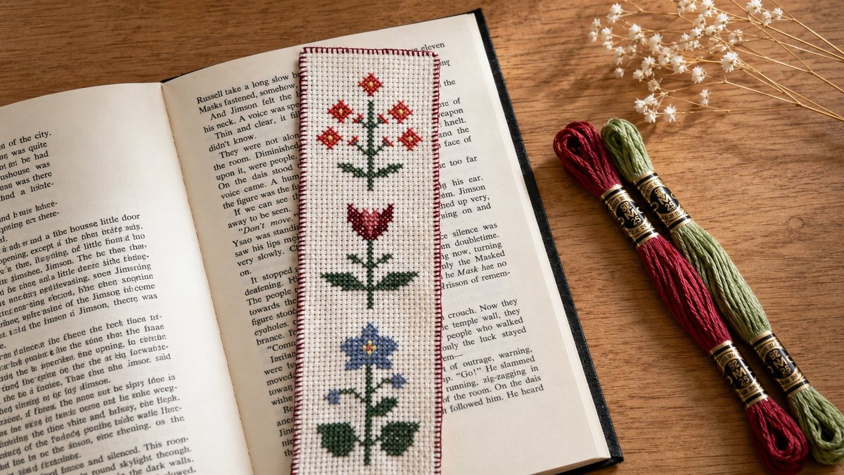 Marcador de livro em ponto cruz com flores vermelhas, tulipa e flor azul, apoiado sobre livro aberto com meadas DMC Mouliné ao lado