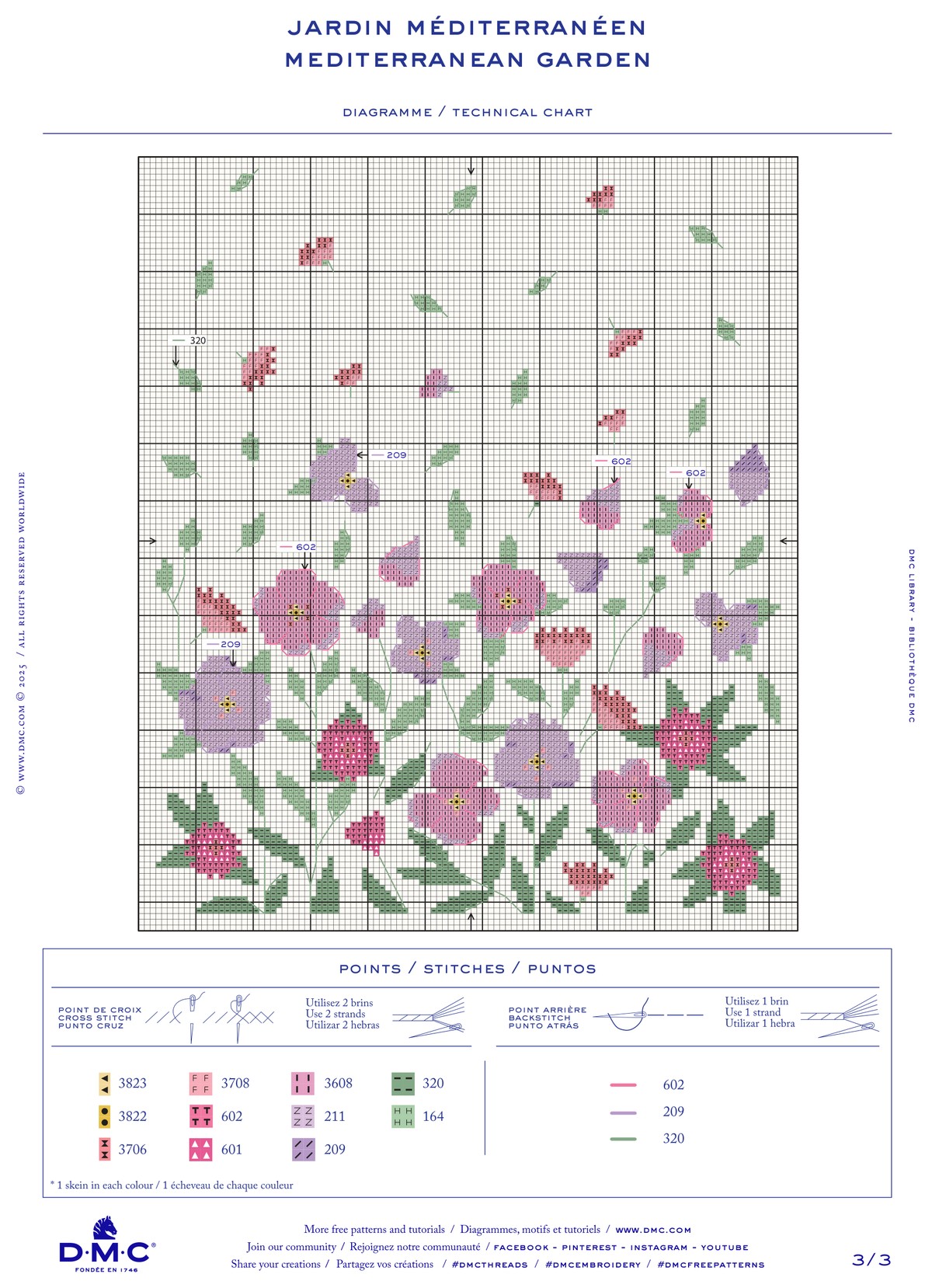 Gráfico do bordado Jardim Mediterrâneo — diagrama de ponto cruz e ponto atrás com cores DMC Mouliné