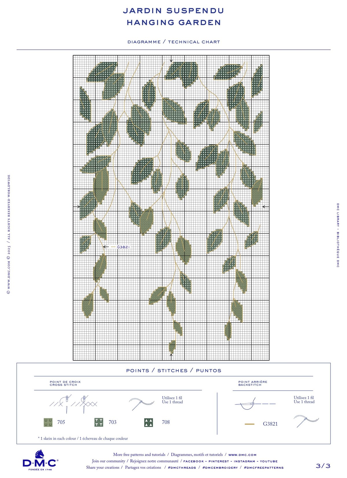 Gráfico de ponto cruz Jardim Suspenso com folhas pendentes em quatro tons de verde e galhos dourados