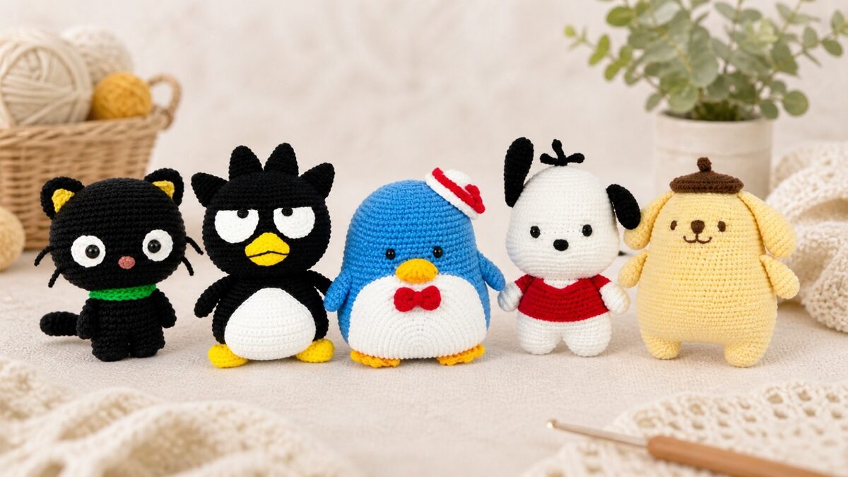 Amigurumis Chococat, Badtz-Maru, Tuxedosam, Pochacco e Pompompurin