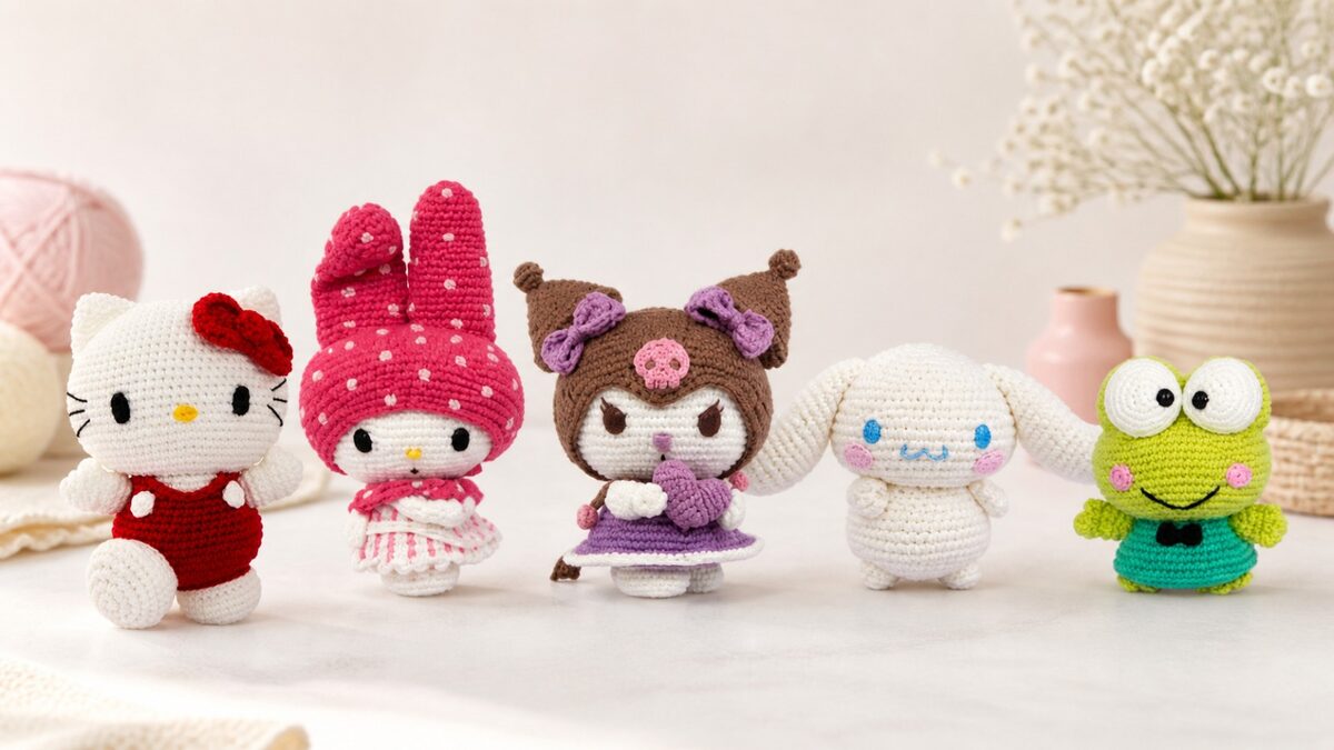Amigurumis Hello Kitty, My Melody, Kuromi, Cinnamoroll e Keroppi