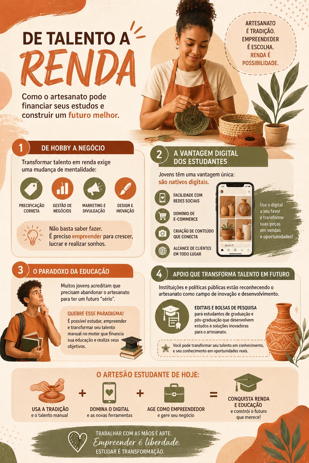 Infográfico De Talento a Renda — como o artesanato pode financiar seus estudos. Mostra 4 pilares: de hobby a negócio, vantagem digital dos estudantes, o paradoxo da educação e apoio institucional com bolsas de pesquisa