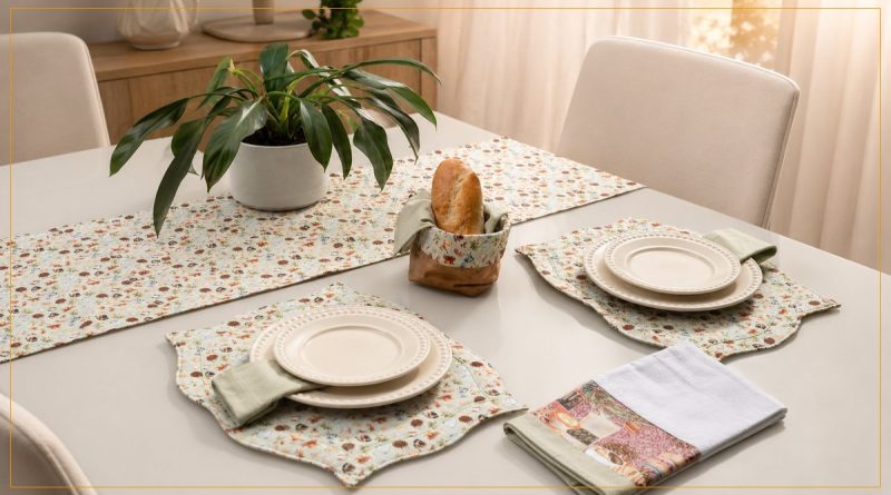 Mesa Posta Momento Café - jogo americano, trilho, guardanapo, cesta e pano de copa em patchwork