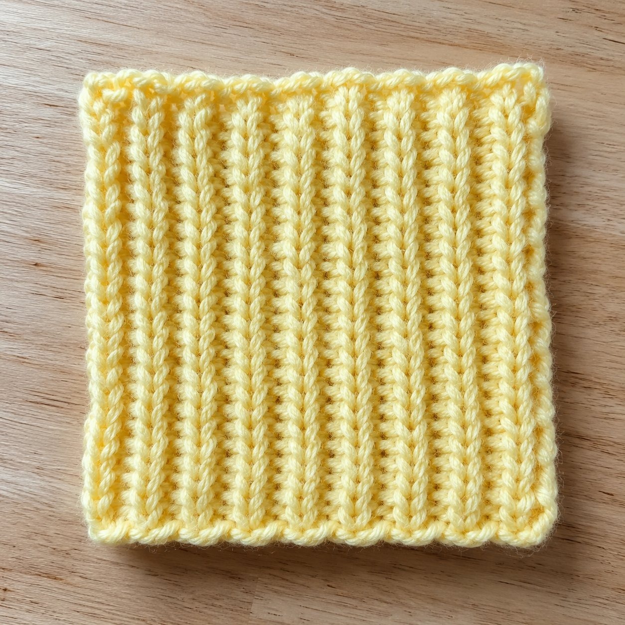 Amostra do ponto barra 1x1 em tricô com fio amarelo mostrando colunas verticais elásticas
