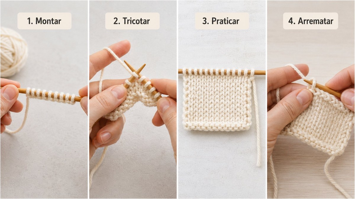 Sequência visual em quatro etapas: montar, tricotar, praticar e arrematar
