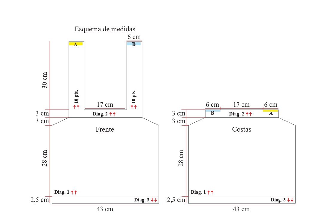 Esquema de medidas da Regata Gabriela – Frente e Costas com indicação de tamanhos