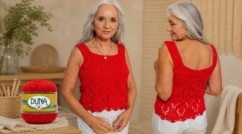 Regata Gabriela de tricô com Linha Duna na cor vermelha – frente e costas