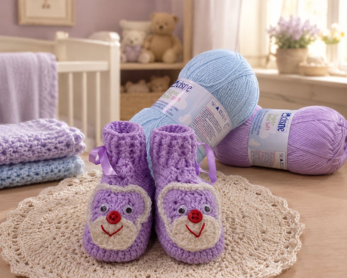Sapatinho lilás de crochê com carinha de ursinho para bebê, feito com Fio Cisne Super Bebê Soft