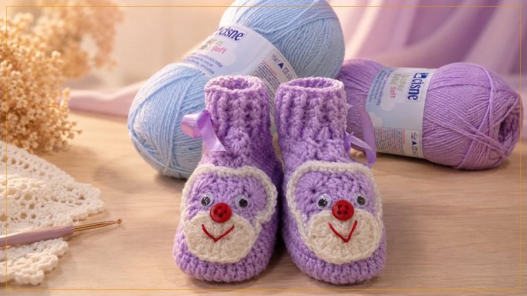 Sapatinho Lilás com Carinha de Ursinho – Fofura em Crochê para Bebê