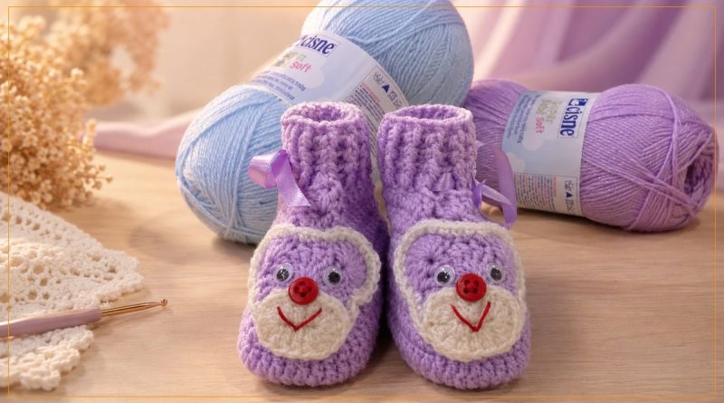 Sapatinho lilás de crochê com rostinho de ursinho, feito com Fio Cisne Super Bebê Soft